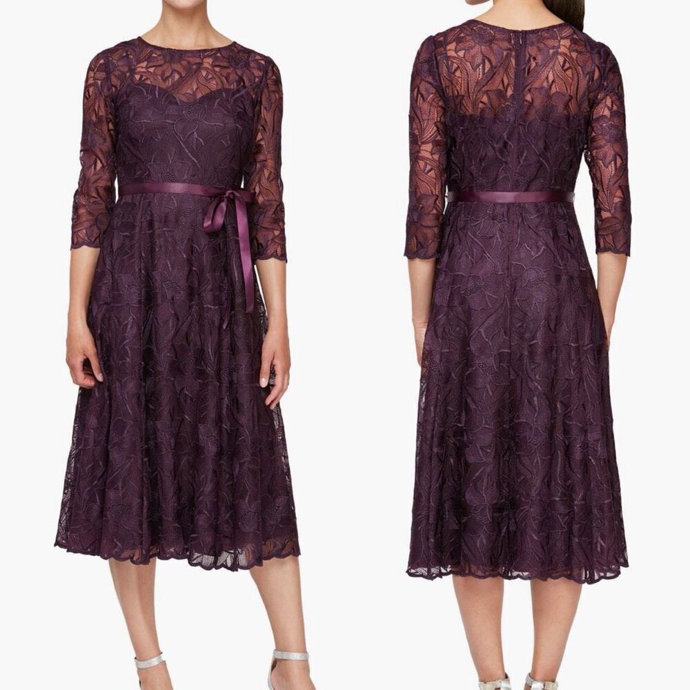 Alex Evenings Womens  eggplant Purple Tea Length Embroidered Illusion Sleeves Dr